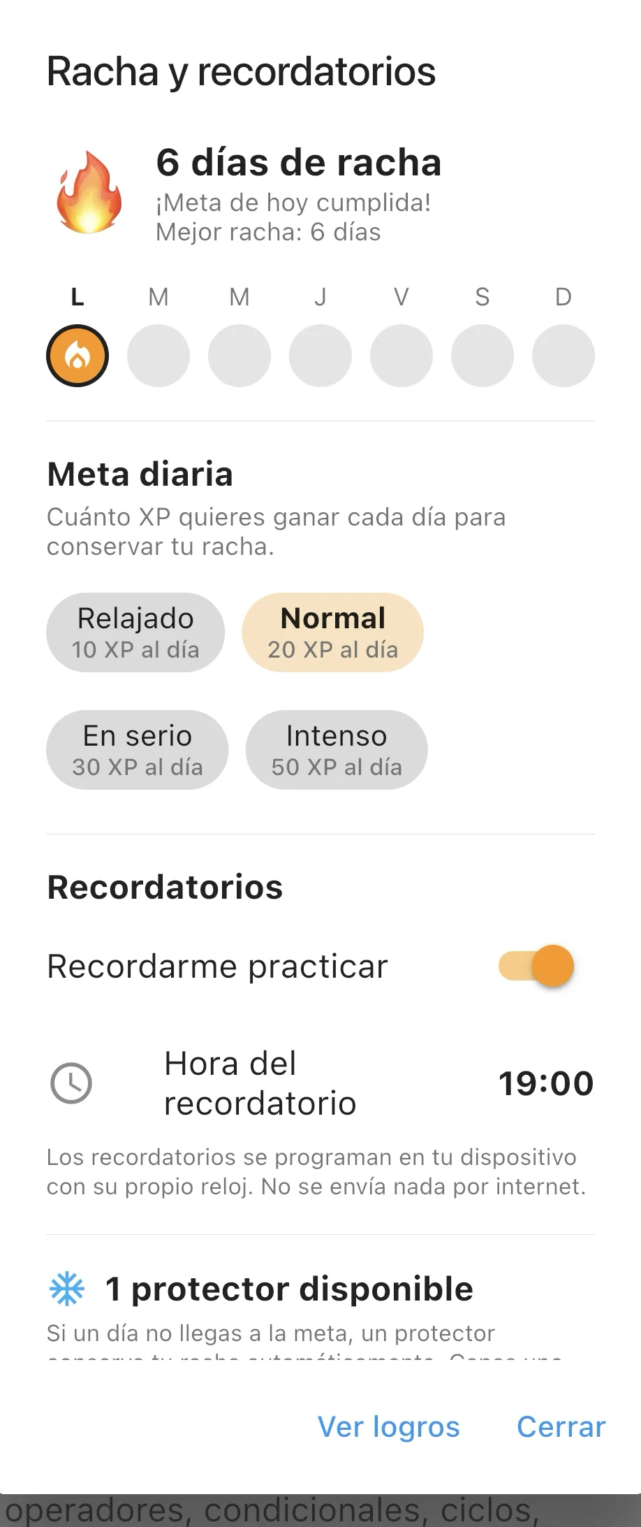 Ajustes de racha y recordatorios de Nairda: meta diaria de 10, 20, 30 o 50 XP, recordatorio a las 19:00 y un protector de racha disponible.