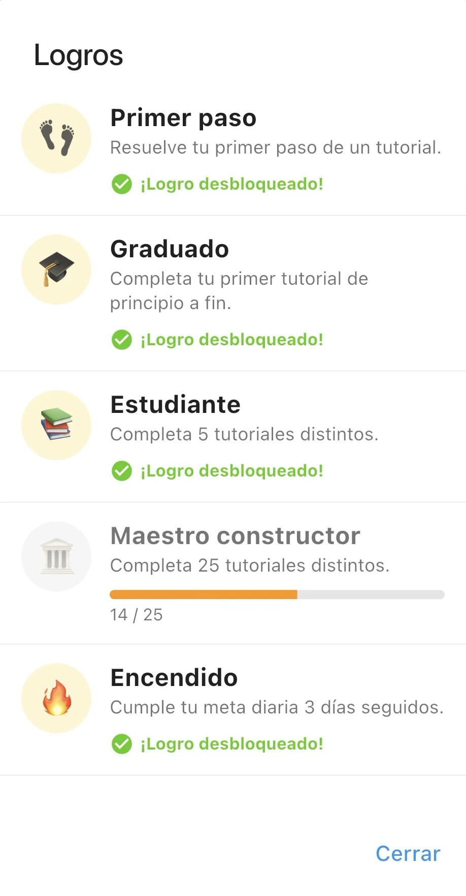 Pantalla de logros de Nairda mostrando Primer paso, Graduado y Estudiante desbloqueados, y Maestro constructor con 14 de 25 tutoriales.