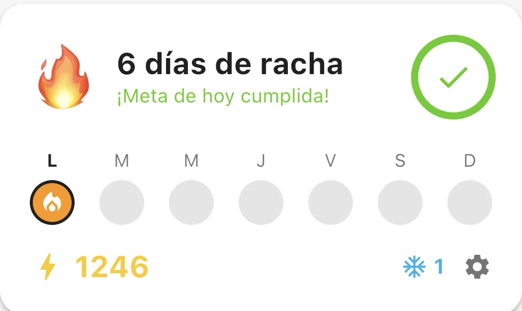 Tarjeta de racha en la app Nairda: 6 días de racha, meta de hoy cumplida, 1246 XP y un protector disponible.