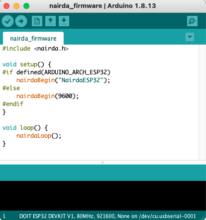 Ventana del IDE de Arduino con los ejemplos de Nairda
