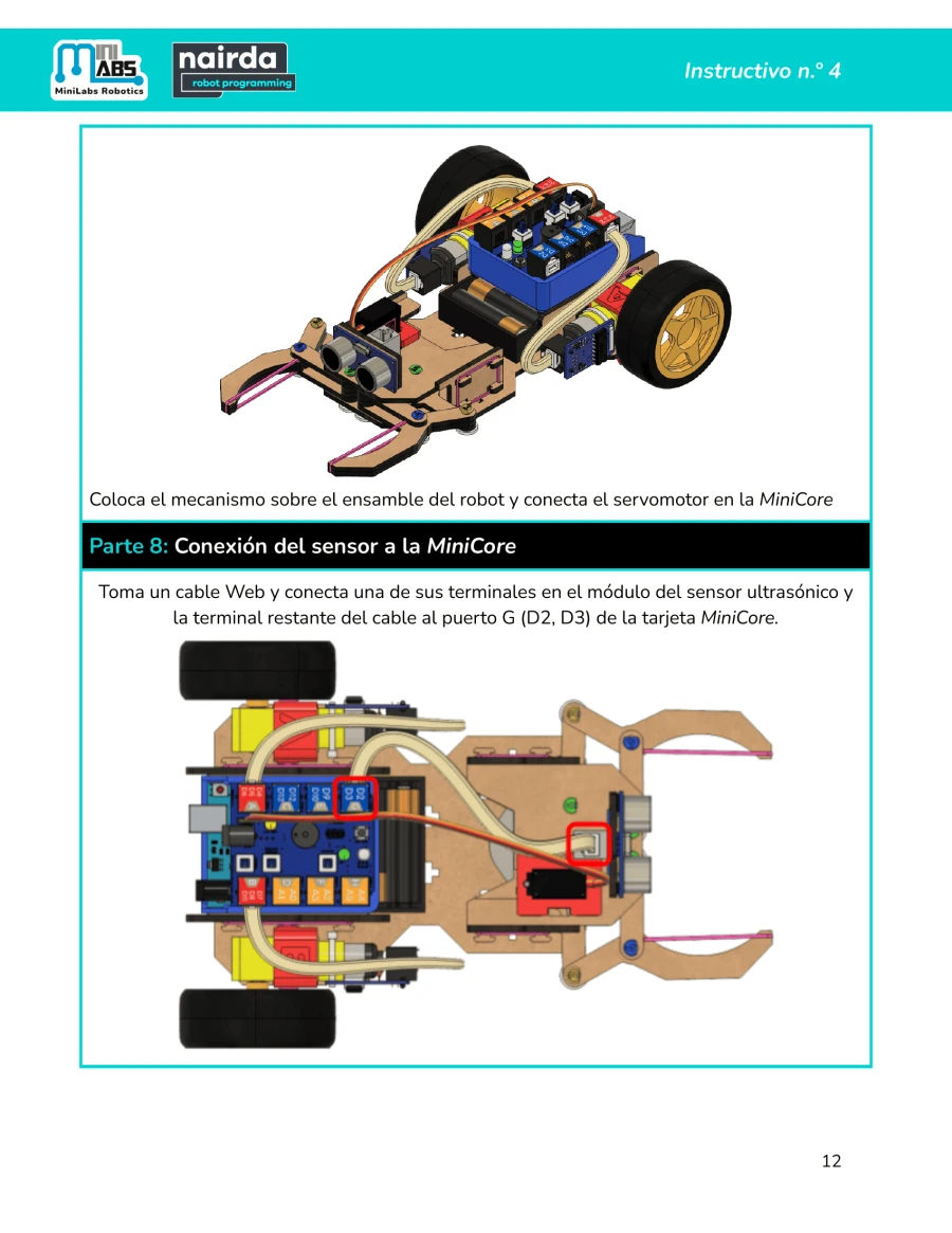 Página 12 — Conexión del sensor ultrasónico a la MiniCore