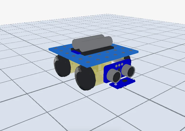 Sumobot de chasis azul con cuatro ruedas y un sensor ultrasónico al frente.