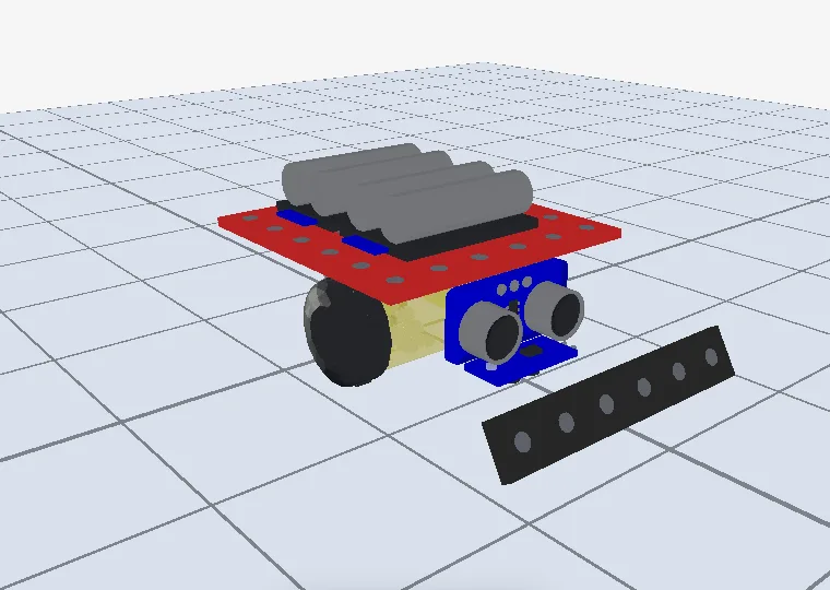 Sumobot de chasis rojo con las pilas arriba, un sensor ultrasónico al frente y una pala negra.