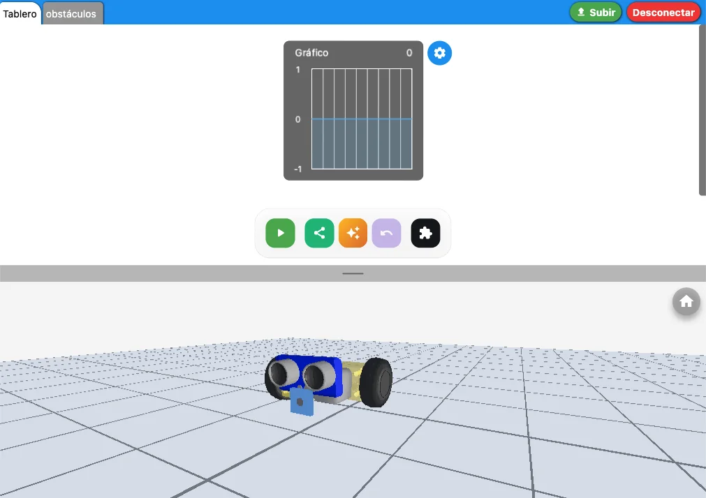 Un carrito con un sensor ultrasónico azul al frente en el mecano de Nairda, con la gráfica de distancia de su app encima.