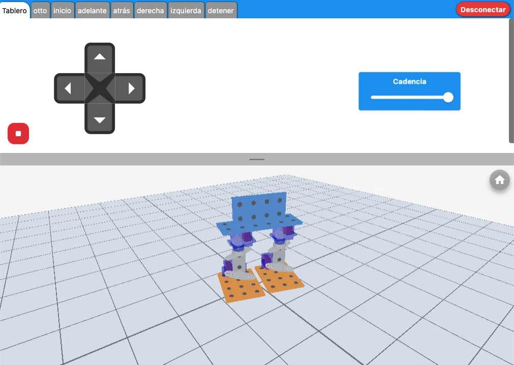 Otto, un robot bípedo de dos patas naranjas, montado en el mecano de Nairda, con el joystick y el deslizador de cadencia de su app encima.